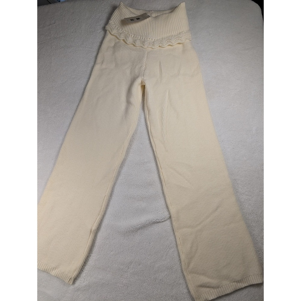 Musera Cream Ribbed Knit Wide Leg Ruffle Waist Pants‎ NWT Large Lounge Cozy Warm